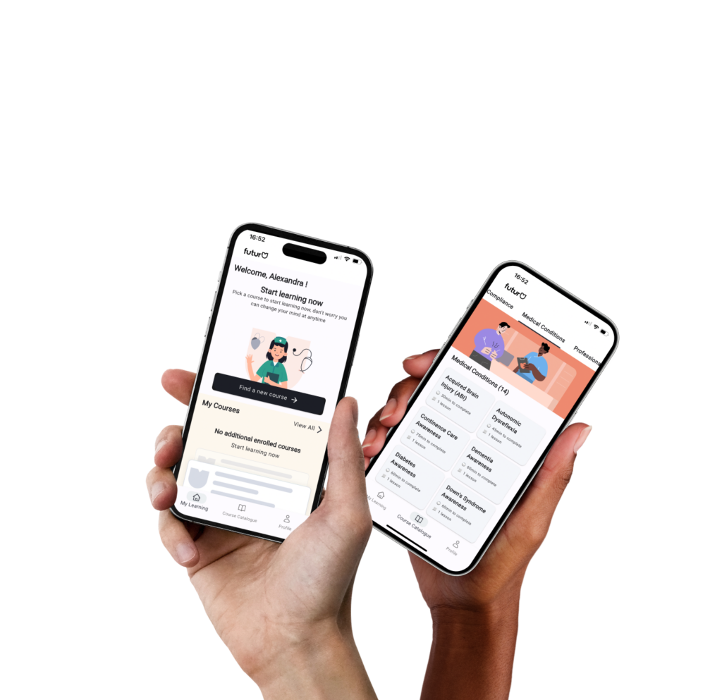 Two hands holding up iphones showing screenshots from the FuturU app