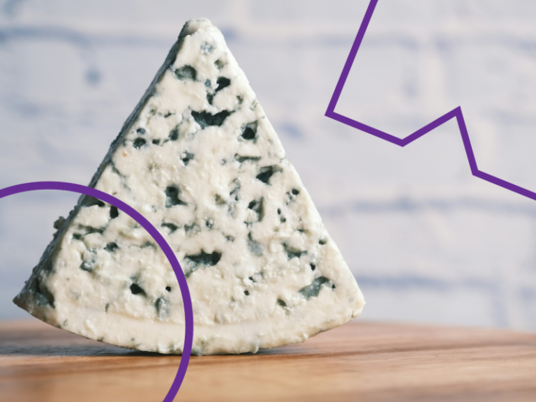 A photo of a triangle of blue cheese